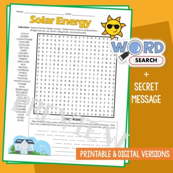 Preview of Sun, Solar Energy Word Search Puzzle Vocabulary Activity Test Review Worksheet