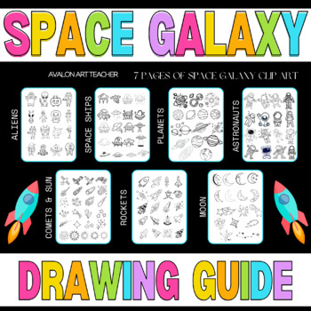 Preview of Solar System Art Space Galaxy Coloring Page Planets, Drawing Guide Clip Art