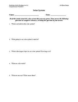 Preview of Solar System Article (Reading Level 1) Comprehension Worksheet