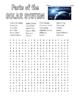 Preview of Solar System - Basic Wordsearch w/ Key, Galileo Quote, & Zentangles to Color