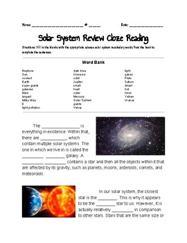 Preview of Solar System Cloze Reading Review