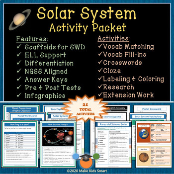 Preview of Solar System Distance Learning Packet 21 Activities Total + Assessment + Spanish