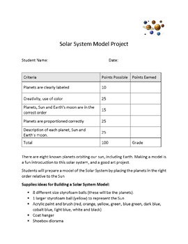 Preview of Solar System Model Project | Research Project with Rubric