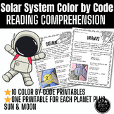 Solar System Planets Color by Code Reading Comprehension Worksheets (Space)