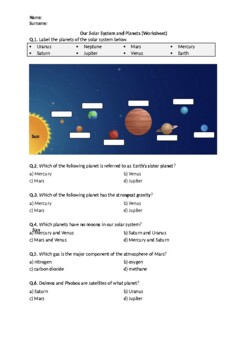 Solar System, Planets - Quiz By Science Worksheets 