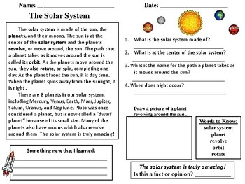 Preview of Solar System Reading Comprehension Passage-