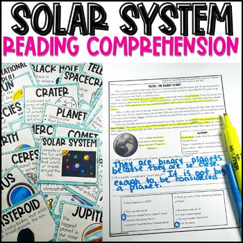Preview of Solar System Reading Comprehension Worksheets and Astronomy Vocabulary Cards