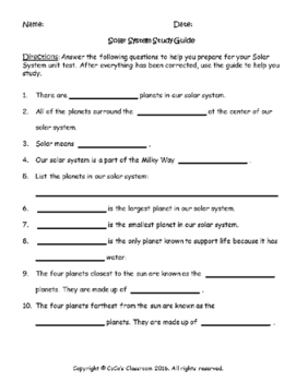 Solar System Study Guide Quiz Freebie By Cocos Classroom