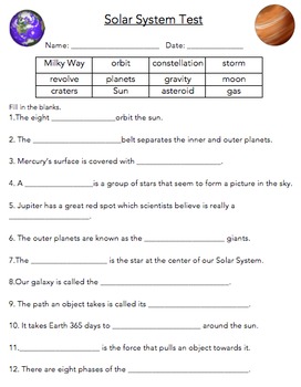 solar system test 7th grade