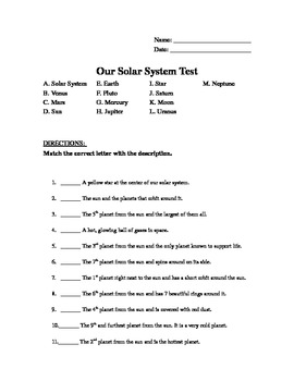 Solar System Test- 3rd grade by Chelsie Martinazzi | TpT