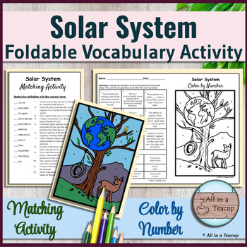 Preview of Solar System Vocabulary Foldable Matching & Earth Day Color by Number Activities