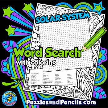 Preview of Solar System Word Search Puzzle Activity Page with Coloring | Space | Planets