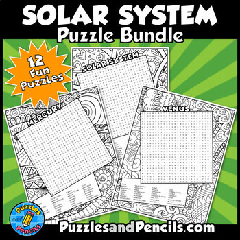 Preview of Solar System Word Search Puzzle Activity Pages with Coloring BUNDLE | 12 Puzzles