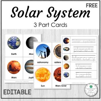 Preview of Solar System and Planets Editable Vocabulary 3 Part Cards - Montessori