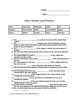 Preview of Solar System and Planets Quiz/Worksheet!