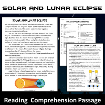 Preview of Solar and Lunar Eclipse Reading Comprehension Passage and Questions | Printable