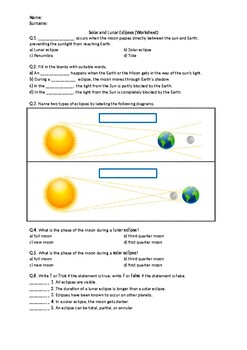 Preview of Solar and Lunar Eclipses - Worksheet | Printable and Distance Learning