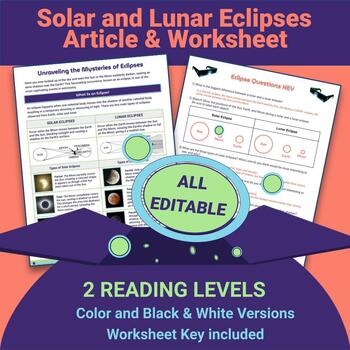 Preview of Solar and Lunar Eclipses | Articles, Worksheet, & Key (April 2024!)