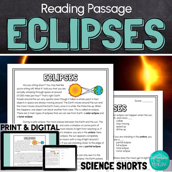 Preview of Solar and Lunar Eclipses Reading Comprehension Passage PRINT and DIGITAL