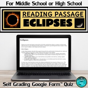 Preview of Solar and Lunar Eclipses | Reading Comprehension Passage & Quiz | Google Form