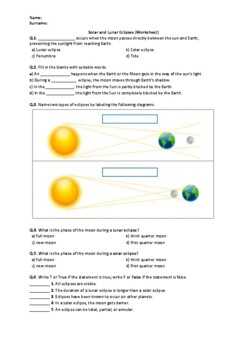 Preview of Solar and Lunar Eclipses - Worksheet | Easel Activity & Printable PDF