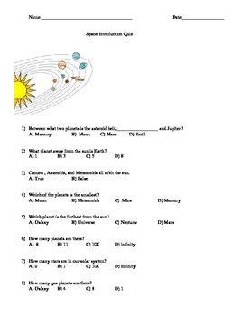 Preview of Solar system space quiz (great for 3rd-5th grade) 20 questions !