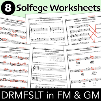 Preview of Solfege Worksheets - DRMFSLTD in keys F major & G major
