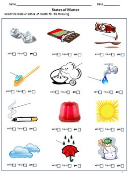 Solid , Liquid and Gas - The States of Matter - Worksheets for Grade 3