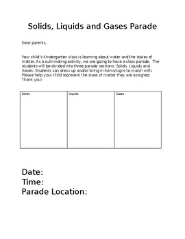 Preview of Solids, Liquids and Gases Parade Parent Letter
