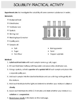 Solubility practical + worksheet by Miss Viloan | TpT