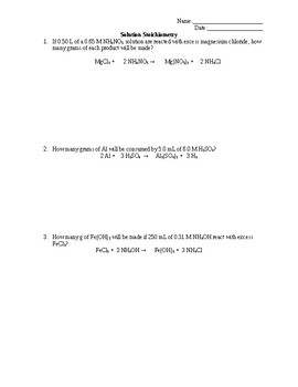 Preview of Solution Stoichiometry Worksheet