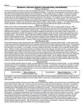 Preview of Solutions, Solutes, Solvents, Concentration, and Solubility- Read, Think, Draw