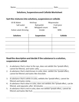 Solutions, Suspensions and Colloids Worksheet by Teacher Erica's