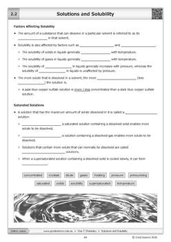 Solutions and Solubility [Cloze Worksheet] by Good Science Worksheets