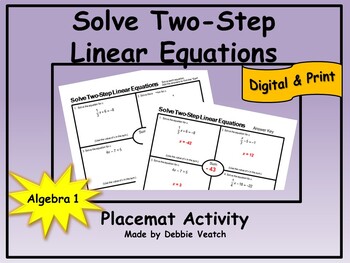 Preview of Solve Two-Step Equations Placemat Activity Algebra 1 | Digital