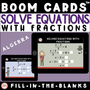 Preview of Solving Equations With Fractions Using Scaffolding Algebra Boom Cards™ 8th Grade