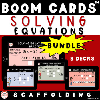 Preview of Solve Equations With Scaffolding Digital Boom Cards™ Bundle | Algebra 8th Grade