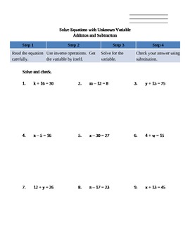Preview of Solve Equations with Unknown Variable for Addition and Subtraction Worksheet