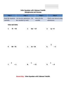 Preview of Solve Equations with Unknown Variable for Multiplication and Division Worksheet