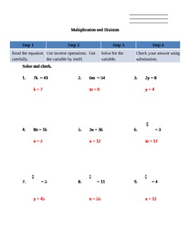 Solve Equations With Unknown Variable For Multiplication And Division Worksheet