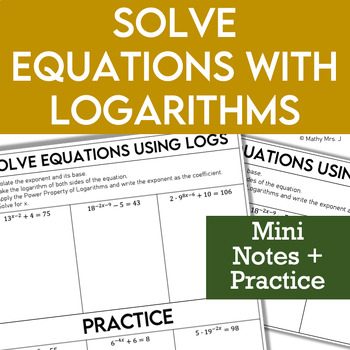 Preview of Solve Exponential Equations Using Logarithms - Notes Lesson, Worksheet, Video