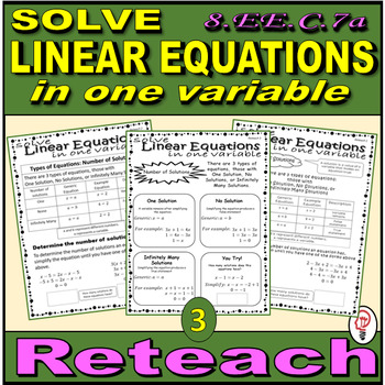 Preview of Solve Linear Equations in One Variable - 8.EE.C.7a Worksheets - Reteach