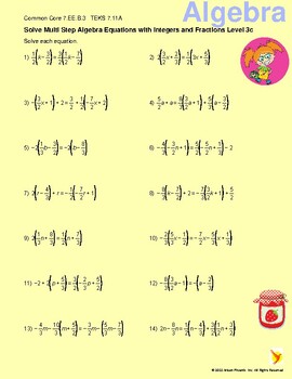 Preview of Solve Multi Step Algebra Equations with Integers and Fractions Level 3c 7.EE.B.3