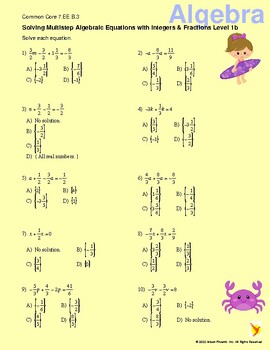 Preview of Solve Multistep Algebra Equations with Integers and Fractions Level 1b 7.EE.B.3