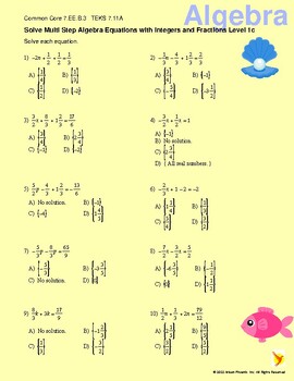Preview of Solve Multistep Algebra Equations with Integers and Fractions Level 1c 7.EE.B.3