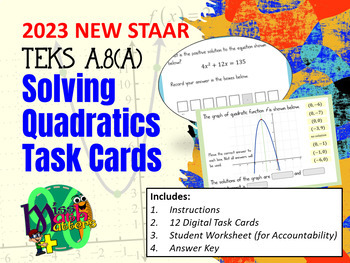 Preview of Solve Quadratic Equations Digital Task Cards | STAAR Redesign Test Prep