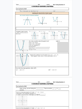 Preview of Solve Quadratic Equations by Graphing and Factoring fillable notes
