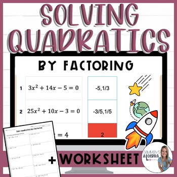 Preview of Solve Quadratic Equations by factoring self-checking digital sticker worksheet