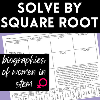 Preview of Solve Quadratic Equations Eq by Square Root - Women's History Algebra Worksheets