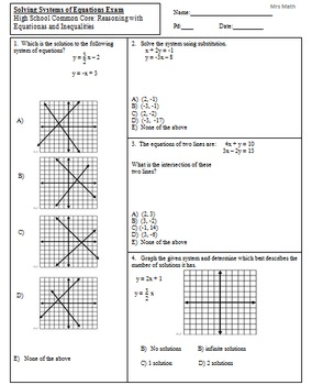 Preview of Solve Systems by Graphing, Substitution, & Elimination Exam